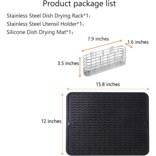 NiuYichee Stainless Steel Dish Drying Rack(15L X 11W X 4.1H), Expandable Fruit & Vegetable Drain Rack over Sink, Dish Drainer Rack in Sink, with Stainless Steel Utensil Holder & Silicone Mat(16)