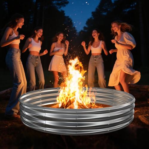 6FT Diameter Camp Fire Ring Pit, Large Round Galvanized Steel Fire Pit, Heavy Duty Steel Fire Pit Silver for Backyard, Camping, Bonfire (6x6x1FT)