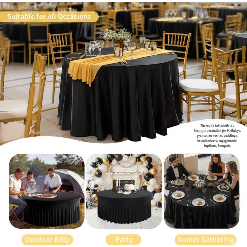 12 Pack 132inch Black Round Tablecloth, Circle Stretch Table Cloths for 6 FT Tables, Wrinkle Free Round Table Skirt for Wedding Birthday Photography Graduation Ceremonies Retirement Party Decorations