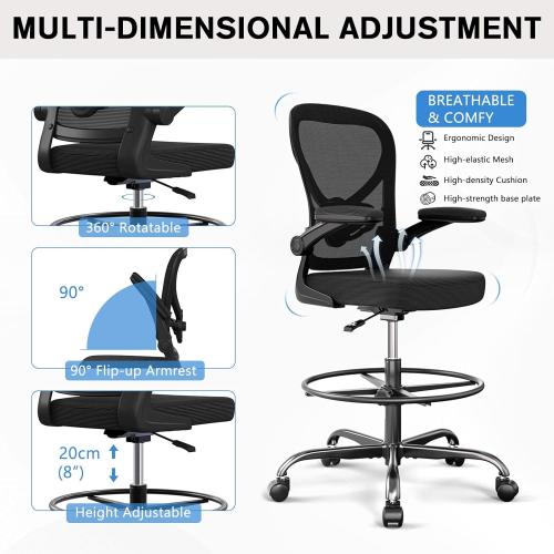 Alolo Drafting Chair,Big and Tall Office Chair with Footrest Ring,Ergonomic Chair for Counter Height and Standing Desk Comfy with Lumbar Support and Flip-up Armrests in Heavy Rolling Base,Black