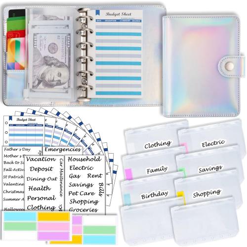 A7 6 Ring Budget Binder with Zipper envelopes, Budget Book Label and Category Stickers, Budget Sheet Refill Paper for Men and Women(Harphia, 145F)