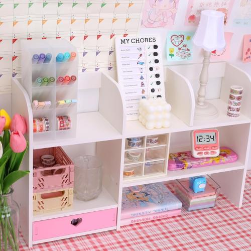 Cute Bookshelves Cute Bookshelf for Desk Kawaii Desk Organizer with Drawer Office Desk Organizers and Accessories Storage Home Decor Display (Pink)