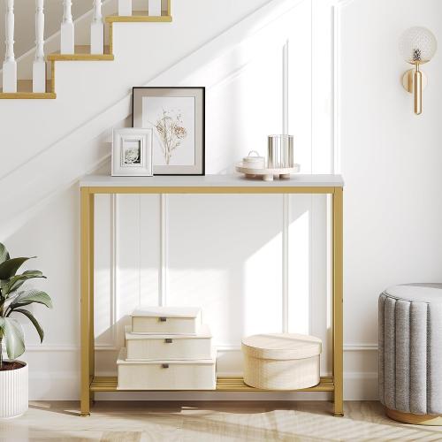 YATINEY Narrow Console Table, 2-Tier Small Sofa Table, 29.5 Thin Entryway Behind Couch Table with Shelves, Industrial Hallway Table, for Living Room, Foyer, White and Gold CT03DW