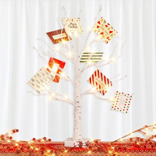 PEIDUO Christmas Decorations, 22 Inch Gift Card Tree Holder with 8 Clips and 8 Xmas Cards, Lighted Tabletop Money Tree, for Christmas,Birthday Wedding,Battery Powered, 6H/18H Timer (White)
