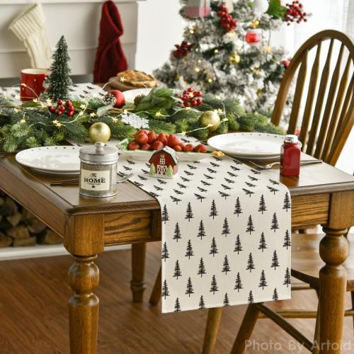 Artoid Mode Beige Xmas Tree Christmas Table Runner, Seasonal Winter Kitchen Dining Table Decoration for Home Party Decor 13x90 Inch
