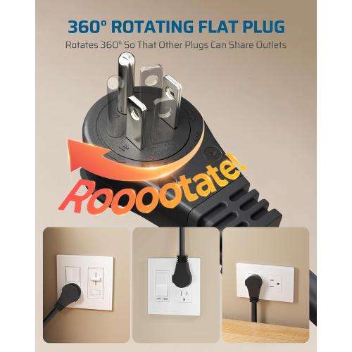 DEWENWILS 360° Rotating Flat Plug Extension Cord, 10FT Extension Cord Rotating Plug, 3 Prong 16/3C Grounded Flat Power Cable for Indoor Narrow Space, 13A/125V/1625W SJT-3, ETL Listed, Black