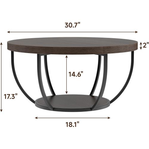 Round Coffee Table, 31 Coffee Table for Living Room Decor, 2-Tier Storage with Steel Frame, Space-Saving Wood Center Table, Modern Style Easy Assembly (Dark Coffee)