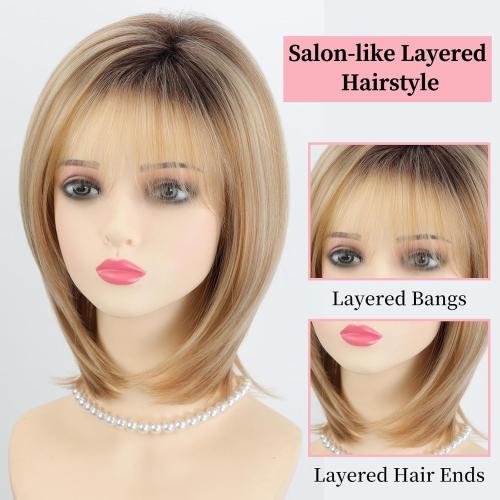 RENERSHOW Medium Length Bob Wigs for White Women Layered Blonde Highlight Straight Pixie Bob Wig with Bangs Heat Synthetic Natural Daily Party Wig 12inch Average Size Wig