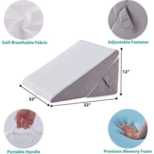 Wedge Pillow for Sleeping, Adjustable 9&12 Inch Foldable Bed Wedge Pillow Set, Orthopedic Memory Foam Triangle Pillows Wedge, 7-in-1 Elevated Pillows for Leg and Back Support, White/Grey