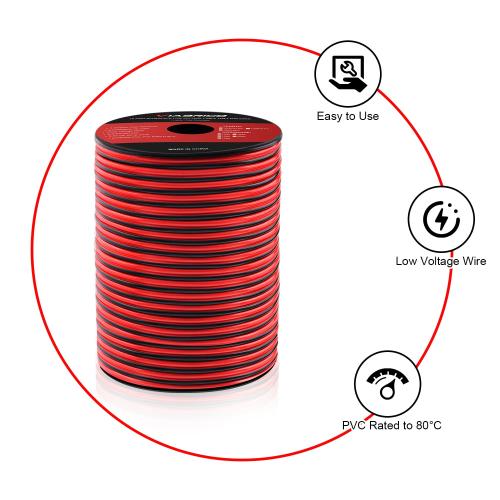 16Gauge 200FT Electrical Wire Cable 2 Conductors Red Black Cable Hookup LED Lighting Strips Flexible Wire Extension Cord 16AWG Copper Clad Aluminum Copper Wire 12V/24V DC 61M