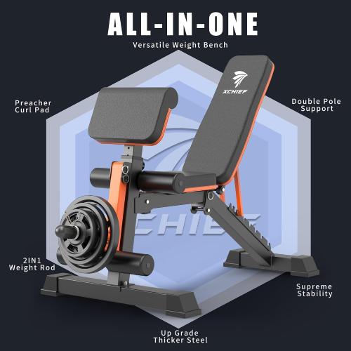 Black and Orange Adjustable Weight Bench - 1000LBS Heavy Duty Foldable Workout Bench Press with Leg Extension and Preacher Pad, Flat/Incline/Decline, Sit Up Bench for Full Body Strength Training at Home Gym