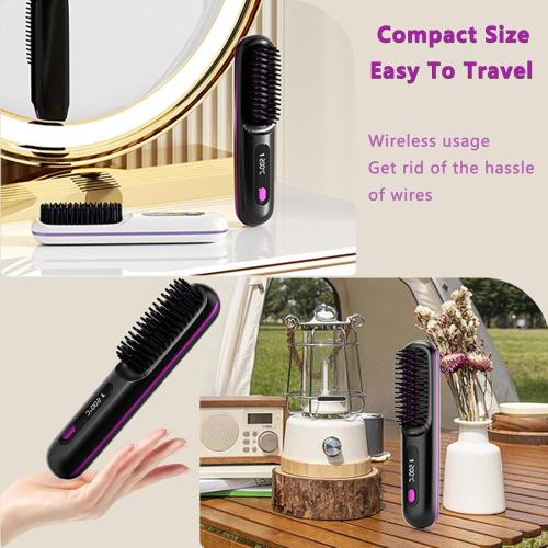 2026 Go Brush Pro for Short Hair, Portable Straightener Brushs for Travel, with LCD Temperature Display, Fast Heating Cordless Mini Hair Brushs Styling Tools (Purple)