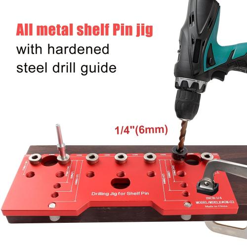 Shelf Pin Jig, 6mm Cabinet Adjustable Drill Guide, 1/4 Inch Aluminum Shelf Pin Drilling Jig Drilling for Straight Hole Shelf Pin Drilling Template Woodworking Tools, Red