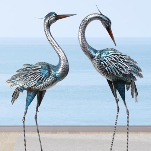 Outdoor Crane Garden Statues, Blue Heron Garden Statues | Large Metal Cranes for Yard, Lawn, Patio, Pond, Set of 2