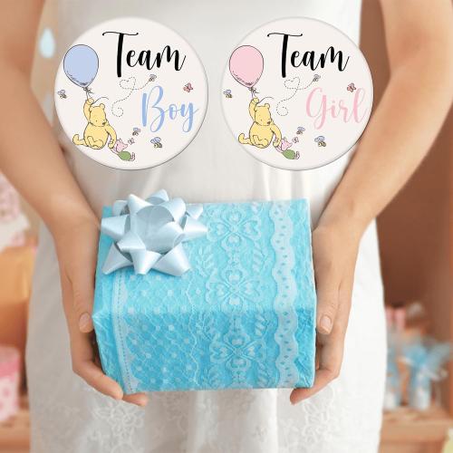 50 Pcs Classic Pooh Gender Reveal Buttons - 25 Team Boy & 25 Team Girl Pins, 1.7 Blue Pink Badges for Winnie Baby Shower Party Favor Game