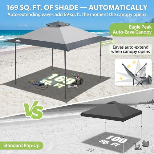 ‼️could have missing items and stains‼️EAGLE PEAK 13x13 Pop Up Canopy Tent, Auto Extended Eaves, Light Gray | Easy Setup, Heavy Duty Outdoor Canopy Tent, Pop Up Gazebo for Backyard, Patio, Camping & Parties, Wheeled Carry Bag, UPF 50