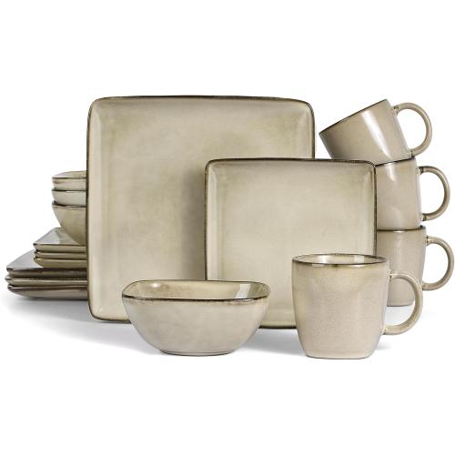 LIANYU 16 Piece Square Dinnerware Set for 4, Stoneware Plates and Bowls Dish Set, Includes Dinner Salad Plates, Cereal Bowls, Mugs, Microwave & Dishwasher Safe, Sandy Beige