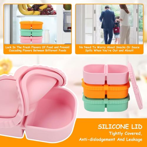 Bento Box 2 Pack Silicone Reusable Snack Containers with Lids, Double Compartment Snack Containers, Silicone Snack Box, Snackle Box Container for Travel, Office, Picnic(Pink/Green)
