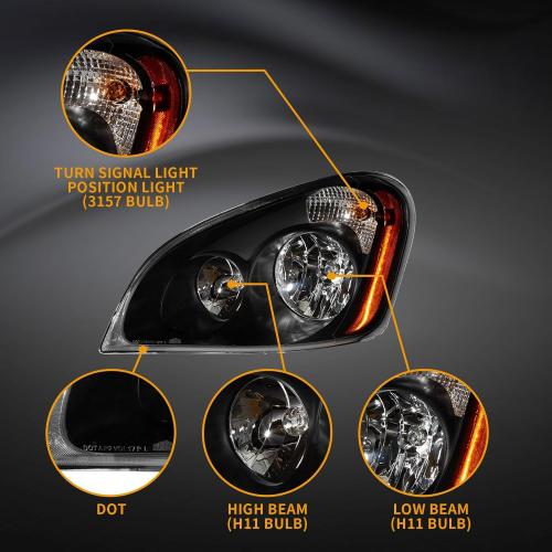 Pair Performance Headlights Fit for Freightliner Cascadia 2008-2016 Included All Bulbs Truck Headlamps assembly Left Driver & Right Passenger Side Black Housing Accessories