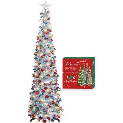 HMASYO 5 FT Pop Up Christmas Tree with Timer Lights, Silver Christmas Tinsel Tree, Collapsible Artificial Pencil Christmas Tree for Indoor Home Apartment Porch Holiday Party Decorations
