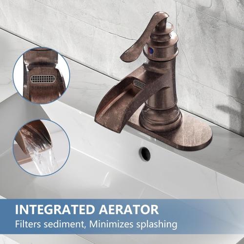 Homevacious Bathroom Faucet Copper Waterfall Bathroom Sink Faucets with Single Handle Rustic Vanity Farmhouse RV Faucet Suitable for 1 or 3 Holes with Pop-up Drain Deck Plate Hose