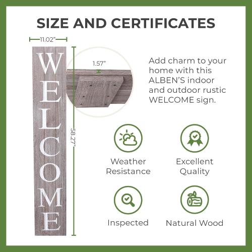 ALBEN Premium Extra Large Welcome Sign for Front Door Porch – 5 Feet Tall (58 x 11) Standing Vertical Wooden Sign, Indoor Home Decor Wall Decorations (Gray)