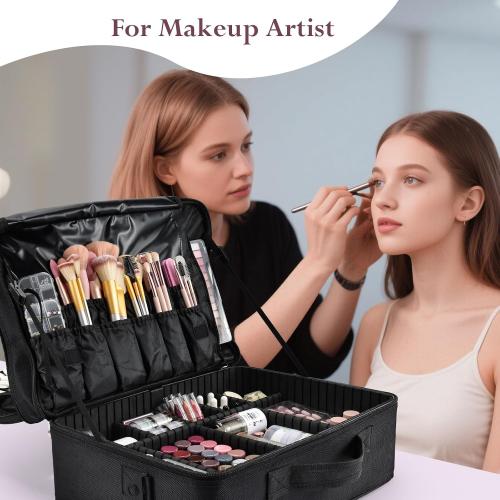 Large Makeup Bag, 17” Makeup Train Case Big Make up Nail Bag Organizer Case 3 Layers Artist Travel Organizer Box Tattoo Carrying Cases Vanity Bag with Mirror/Shoulder Strap/Attach to Suitcase