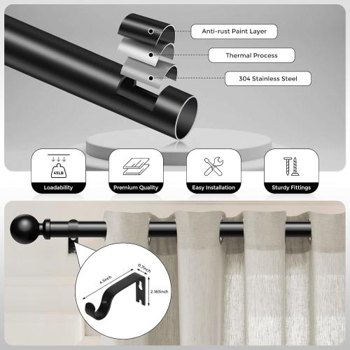 Curtain Rods 36-91 Inch, Black 1 Inch Adjustable Heavy Duty Curtain Rods for Windows, Decorative Modern Window Treatment Rod, Telescopic Splicing Metal Drapery Pole, Easy Installation