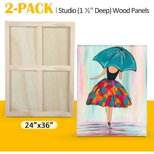 Falling in Art 2 Pack Unfinished Wooden Canvas Panels, 24x36 Gallery Birch Wood Panels Kit, 1 1/2 Deep Art Cradle Boards for Acrylic Painting, Pouring and Burning