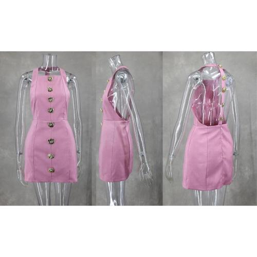 Size M Halter Backless Mini Dress Women Summer Elegant Sleeveless Gold Button Solid Color Dresses Lady Party Vestidos