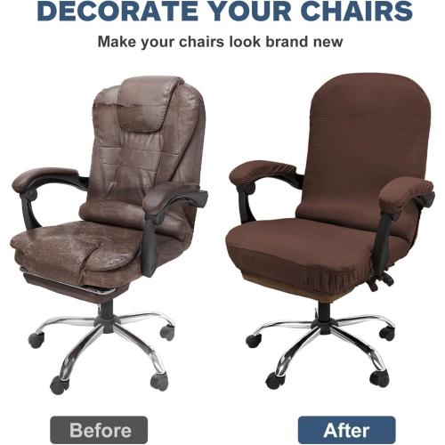 NeColorLife Stretchable Office Chair Cover with Armrest Covers – High-Back Desk Chair Slipcover, Checked Jacquard Fabric, Washable (Large Size, Coffee)