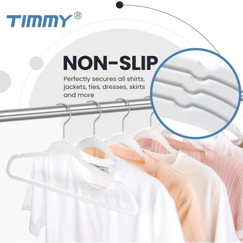 TIMMY Non-Slip Velvet Hangers - Suit & Coat (50-Pack) Ultra Thin Space Saving Heavy Duty Hangers Hold Up-to 10 Lbs - White/Silver