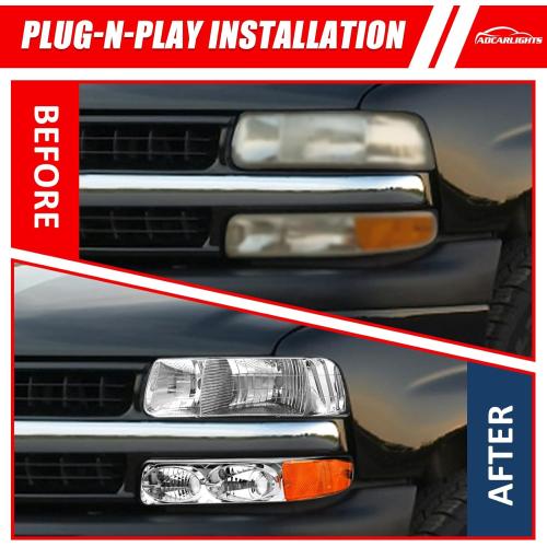 ADCARLIGHTS Headlight Assembly for 1999 2000 2001 2002 Chevy Silverado 1500 2500/1500HD 2500HD 3500/2000-2006 Tahoe/Suburban Chrome Housing Amber Reflector Pair