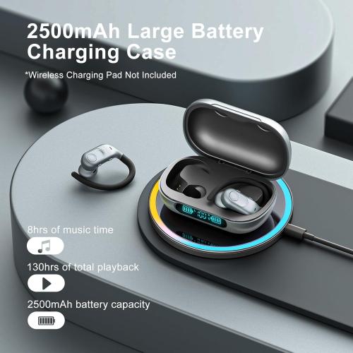 Gray Wireless Earbuds Bluetooth Headphones 130Hrs Playtime with 2500mAh Wireless Charging Case LED Diaplay Hi-Fi Waterproof Over Ear Earphones for Sports Running Workout Gaming