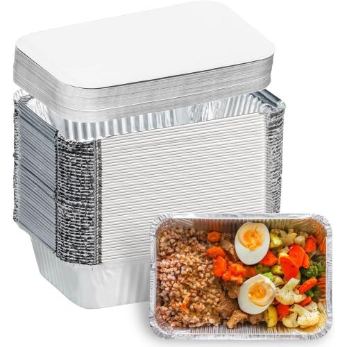 Aluminum Pans with Lids (50-Pack, 8.5×6) 1LB Capacity Foil Food Containers with Lids - 50 Pans and 50 Cardboard Covers - Disposable Tin Foil Pans - for Baking, Meal Prep and Freezer, Takeout