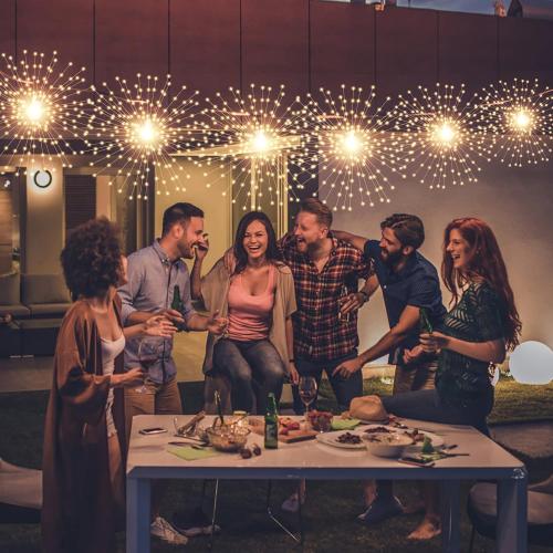 Solar Starburst Sphere Lights,200 LED Firework Light, 8 Modes Dimmable Waterproof Hanging Fairy Light, Copper Wire Lights for Patio Tent Parties Christmas -NO Remote (Warm White)