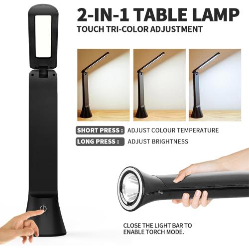 Rechargeable LED Desk Lamp with Flashlight Cordless lamp Foldable Portable Desk Lamp Battery Operated lamp Camping Flashlights for Home Office Study Emergency Outdoor (Black)