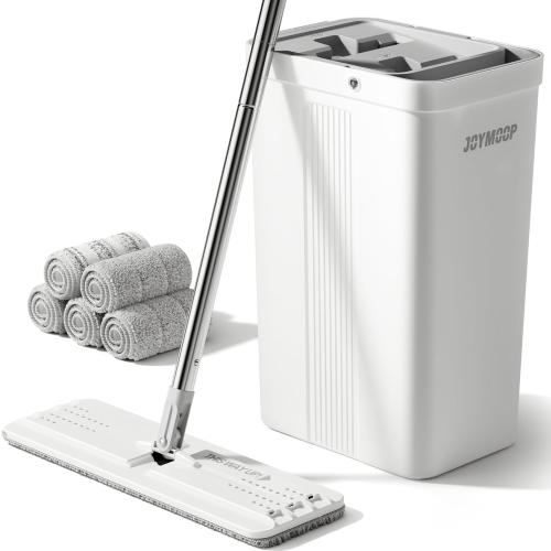 Color White JOYMOOP Mop and Bucket with Wringer Set, White Flat Squeeze Mop Bucket Set for Floor Cleaning, Wet Dry Mop for Walls, Wall Cleaner with Long Handle, Hardwood Floor Mop-5 Microfiber Cloths