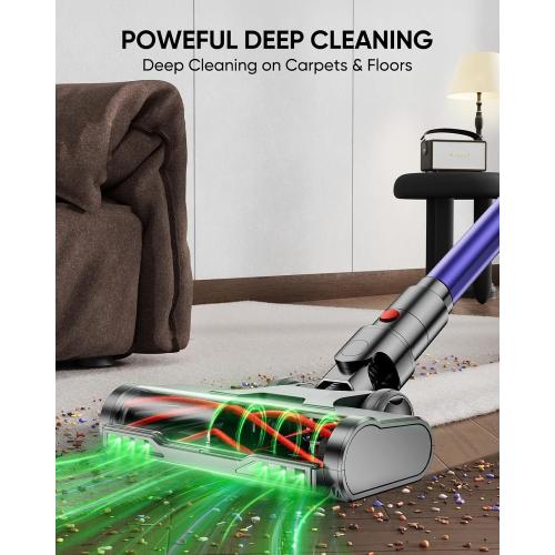 Grey Cordless Vacuum Cleaner, 580W 48KPA 60 Mins Vacuum Cleaners for Home, Stick Vacuum with 1.8L Large Dust Cup, Wall Mount Charging, Anti-Tangle Wireless, Green Light for Pet Hair, Carpets, Hardwood