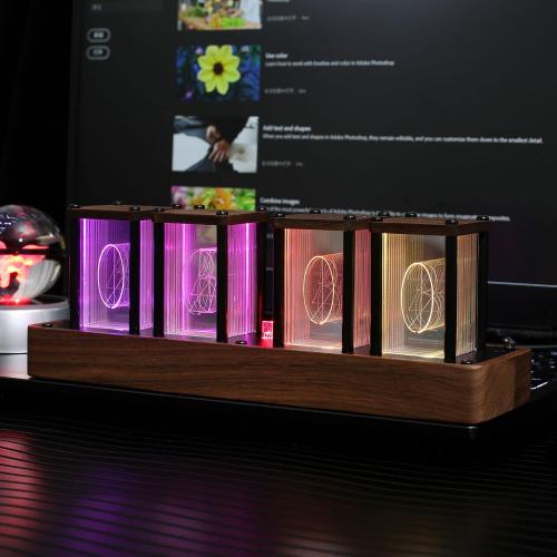 Nixie Tube Clock Electronic LED Glow Tube Clock Simulation 5V Alarm Clock DIY LED Imitation Nixie Tube Clock USB Powered Home Decoration Gift (no Need to Assemble 4RGB), Black