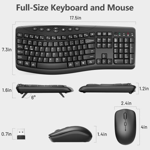 Wireless Keyboard and Mouse Combo, 2.4G Quiet Ergonomic Curved Keys(Black)