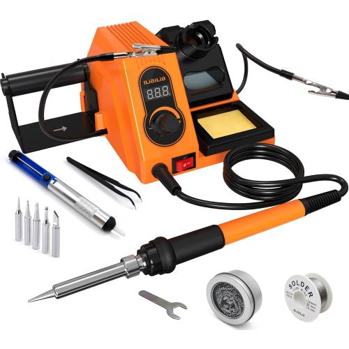 HX46 60W Digital Display Soldering Iron Station Kit with 2 Helping Hands, 5 Extra Iron Tips, Solder Wire, Solder Sucker, ESD Tweezer, °C/ºF Conversion, Auto Sleep & Calibration Support