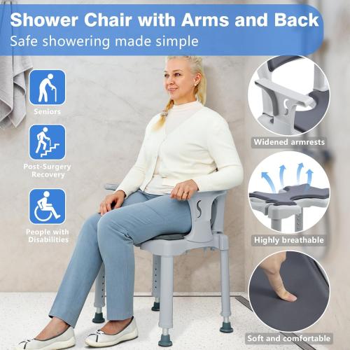 Shower Chair for Narrow Bathroom, Bath Stool for Elderly Disabled Adults, with Arms Back Cushion & Seat Cutout, 300 lbs Capacity, Fits 5ft Standard Tub and Small Shower Stall (Grey, Standard)