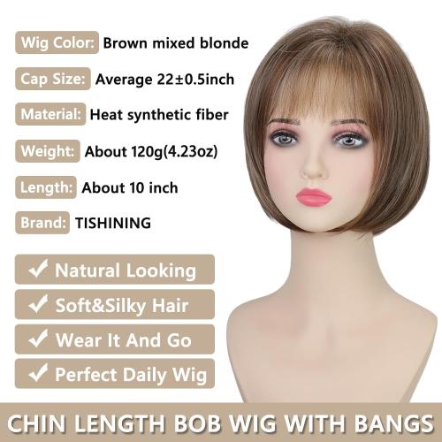 TISHINING Short Brown Mix Blonde Highlight Bob Wig with Bangs for White Women Chin Length Layered Mixed Brown Straight Bob Wig 10 Inch Synthetic Natural Looking Daily Party Wig