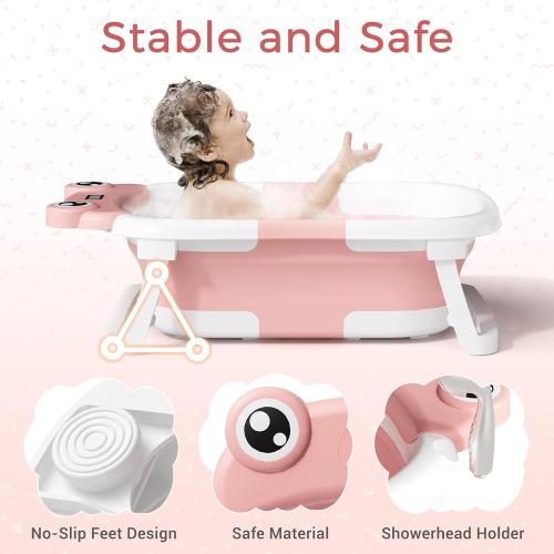 Baby Bathtub, Collapsible Newborn Bathtub for Infant to Toddler 0-24 Months with Soft Cushion and Thermometer,Portable Travel Newborn Tub with No-Slip Feet, Baby Shower Gifts,Pink
