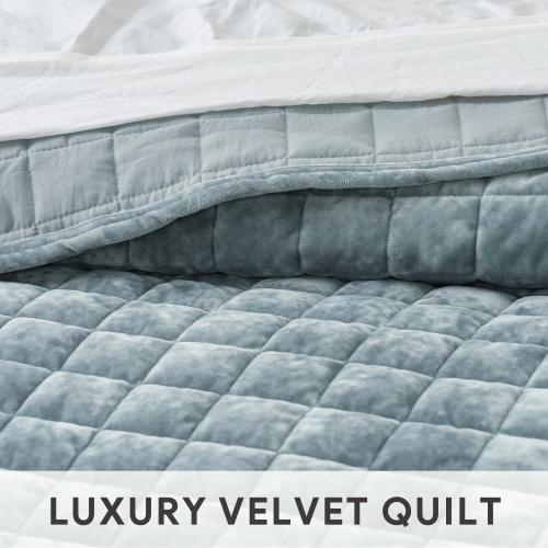 RECYCO Luxury Velvet Quilt Set King Size Bedding Sets, Ultra Soft Velvet Comforter Set, Lightweight Channel Box Stitch Oversized Bedspread Coverlet for All Season, with 2 Shams, Blue Linen