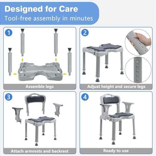 Shower Chair for Narrow Bathroom, Bath Stool for Elderly Disabled Adults, with Arms Back Cushion & Seat Cutout, 300 lbs Capacity, Fits 5ft Standard Tub and Small Shower Stall (Grey, Standard)