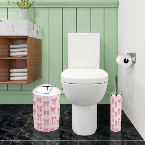Bathroom Accessory Set 6 Piece Boho Cute Coquette Seamless Pattern Bow Delicate Pink Trendy Patterned Trash can, Toothbrush Holder, Soap Dispenser, Soap Dish, Toothbrush Cup, Toilet Brush Holder