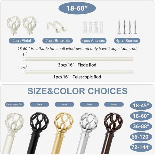 Size 18-69 Color White Decorative Farmhouse Curtain Rod:18-60Adjustable Heavy Duty Single Window Curtain Rod for Bedroom Living Room,Antique White Boho Rustic Drapery Rods with Vintage Twist Finial Easy Install