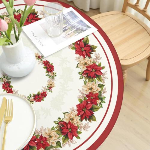 Christmas Round Fitted Tablecloth with Elastic for 40-44 Inch Tables Winter Floral Leaves Print Fitted Table Cover Waterproof Holiday Theme Farmhouse Indoor Outdoor Patio Picnic Party Decor